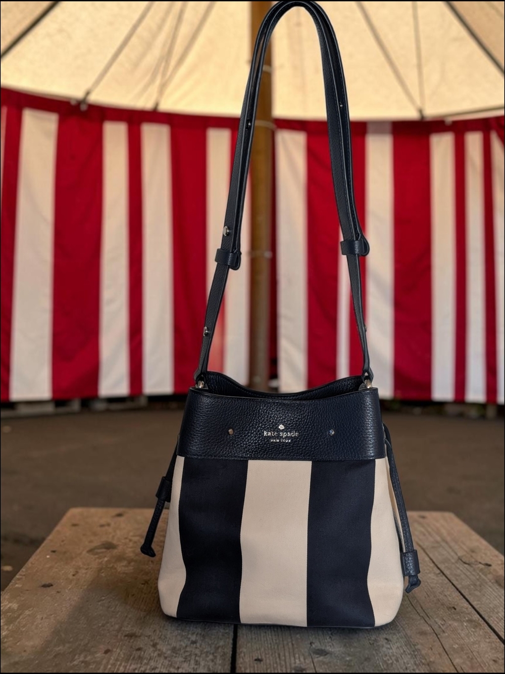 Kate Spade New York Canvas Drawstring Shoulder Bag in Navy Blue and Cream Stripe